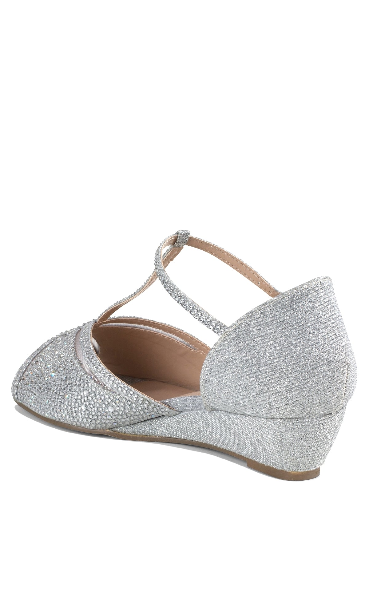 Janelle Silver Prom Shoes: Paradox London P2210—low wedge heels, crisscross straps, open-toe design, and sparkling rhinestones, shown from the back-left side.